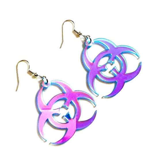 5/$25 Iridescent Acrylic Biohazard Symbol Earrings Novelty Drop Earrings NWT - Picture 2 of 4